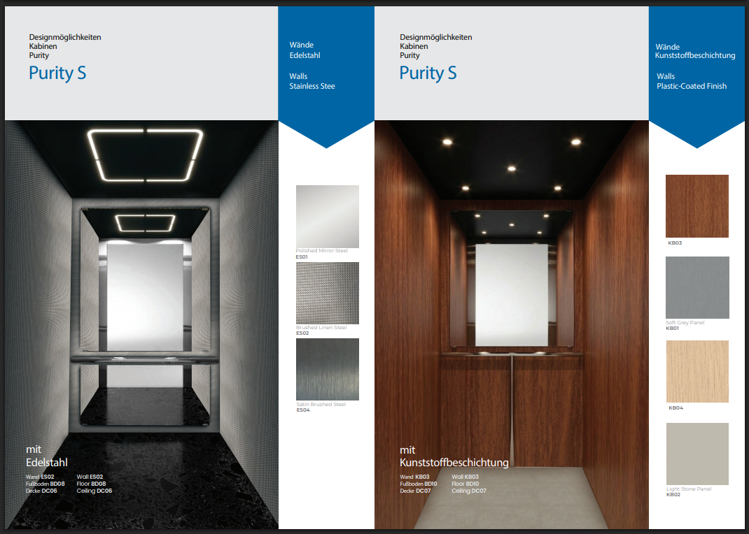Purity S cabin design with stainless and plastic-coated wall options
