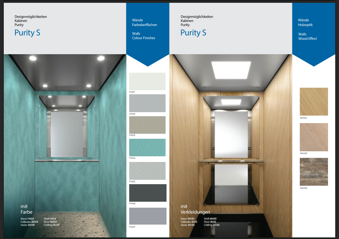 Purity S cabin design with color and wood effect walls