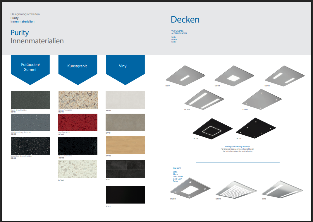 Purity interior materials and ceiling options catalog sheet