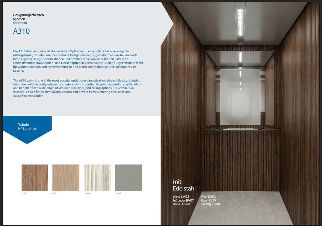 A310 cabin catalog sheet with wall laminate options