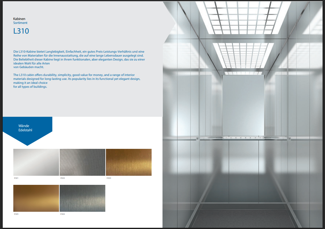 L310 cabin catalog sheet with stainless wall options
