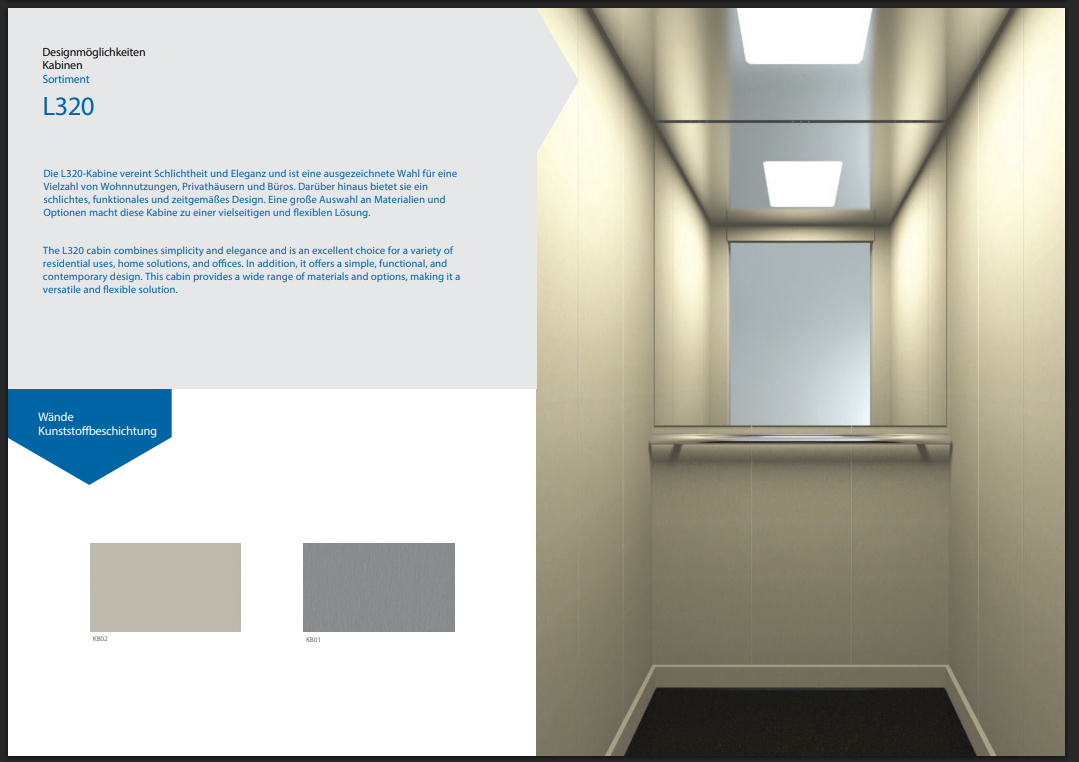 L320 cabin catalog sheet with plastic-coated wall options