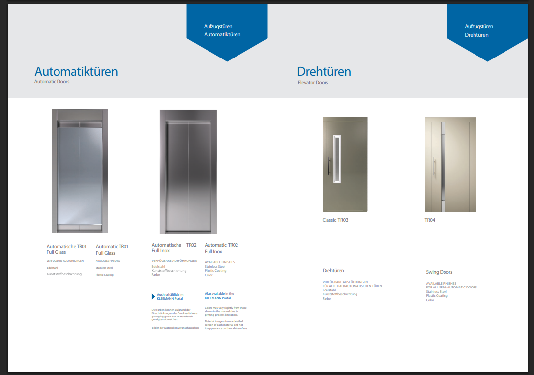 Automatic and swing elevator door systems catalog sheet
