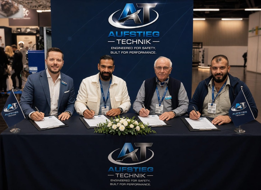 Partnership signing ceremony at Aufstieg Technik booth