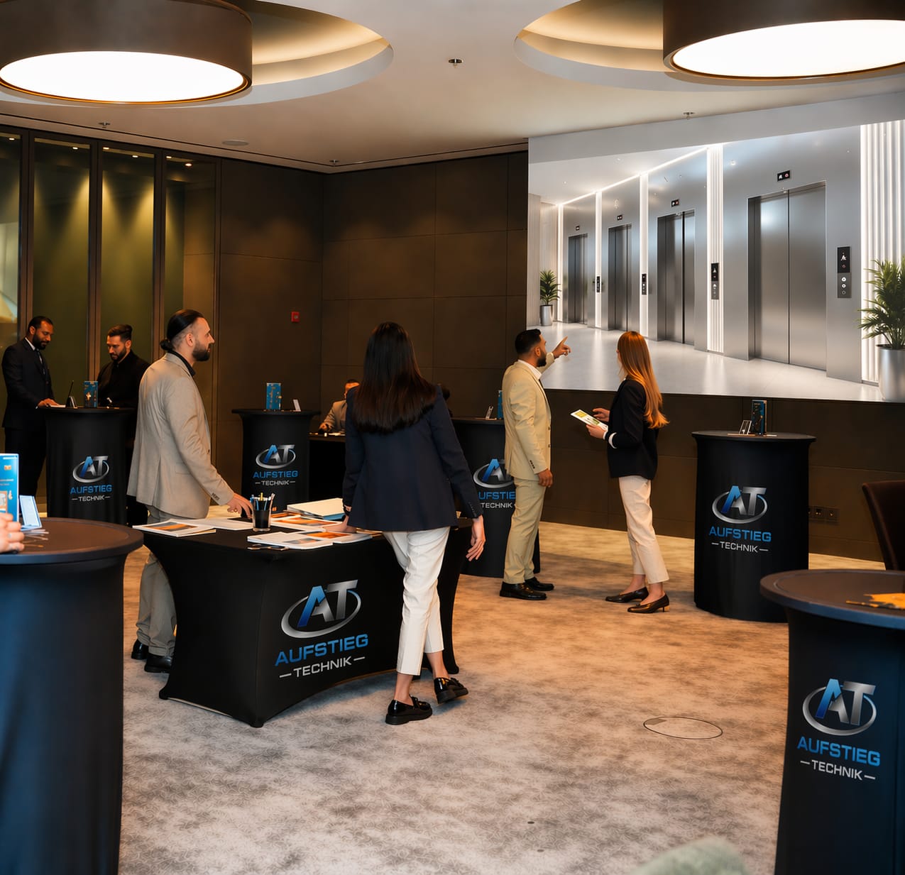 Corporate event with elevator technology display and Aufstieg Technik branded presentation